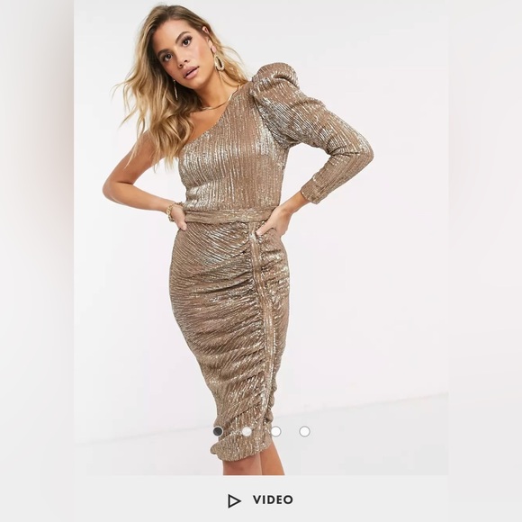 Lavish Alice structured one shoulder sequin midi dress in gold - Picture 3 of 5
